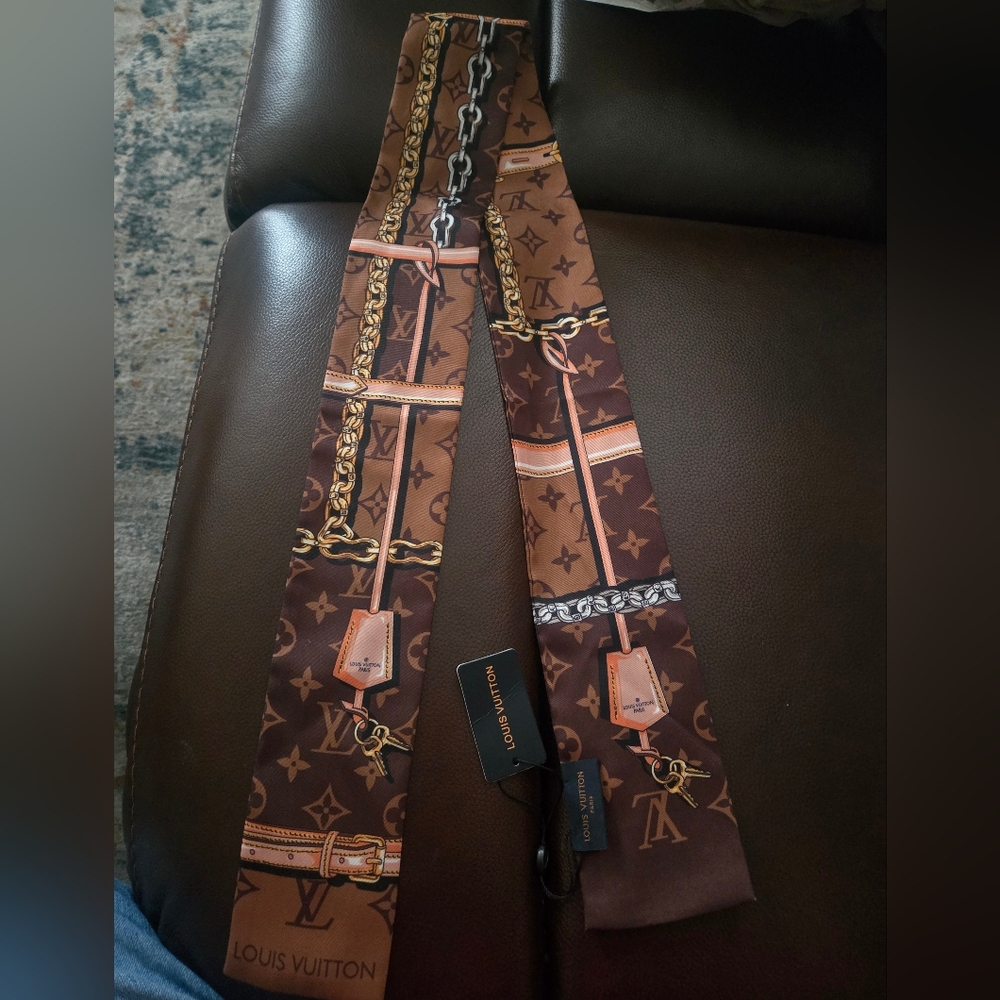 Louis Vuitton Brown and Gold Monogram Silk Twilly Scarf